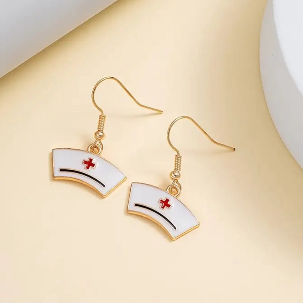 Old Fashioned Nurse Hat Metal Hook Style Earrings Nurse Doctor Medicine Jewelry